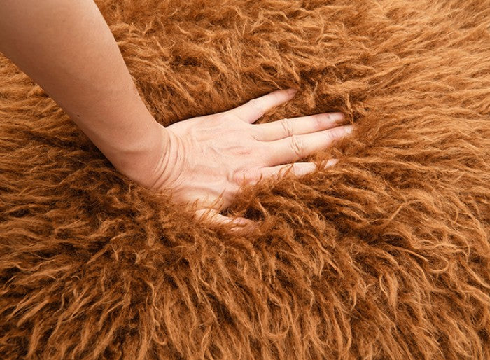 FM-AC6006BR Elardo camel brown furry fabric yeti accent chair dark walnut exposed wood arms