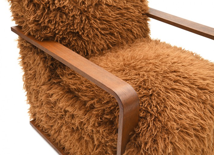 FM-AC6006BR Elardo camel brown furry fabric yeti accent chair dark walnut exposed wood arms