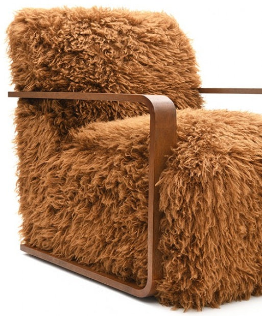 FM-AC6006BR Elardo camel brown furry fabric yeti accent chair dark walnut exposed wood arms
