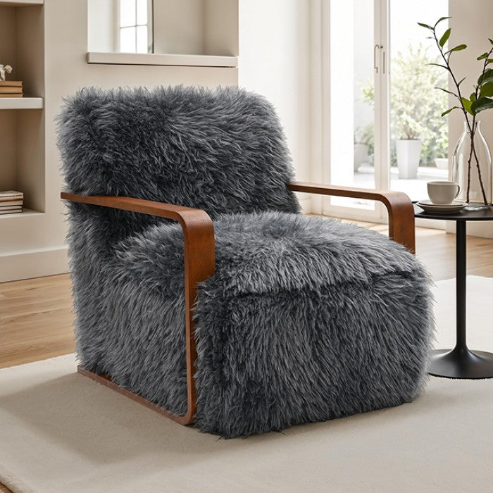 FM-AC6006DG Elardo charcoal grey furry fabric yeti accent chair dark walnut exposed wood arms