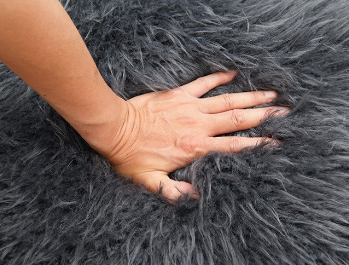 FM-AC6006DG Elardo charcoal grey furry fabric yeti accent chair dark walnut exposed wood arms