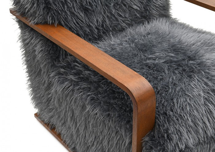 FM-AC6006DG Elardo charcoal grey furry fabric yeti accent chair dark walnut exposed wood arms