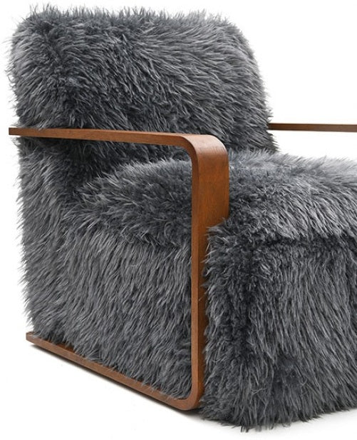 FM-AC6006DG Elardo charcoal grey furry fabric yeti accent chair dark walnut exposed wood arms