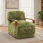 FM-AC6006GR Elardo green furry fabric yeti accent chair dark walnut exposed wood arms
