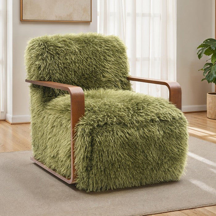 FM-AC6006GR Elardo green furry fabric yeti accent chair dark walnut exposed wood arms