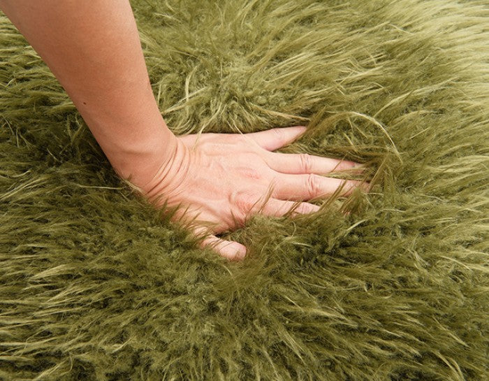 FM-AC6006GR Elardo green furry fabric yeti accent chair dark walnut exposed wood arms