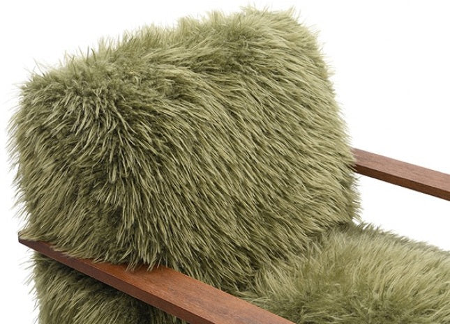 FM-AC6006GR Elardo green furry fabric yeti accent chair dark walnut exposed wood arms