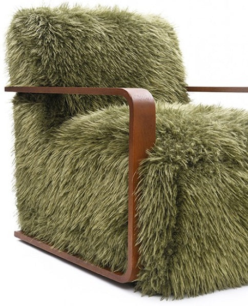 FM-AC6006GR Elardo green furry fabric yeti accent chair dark walnut exposed wood arms