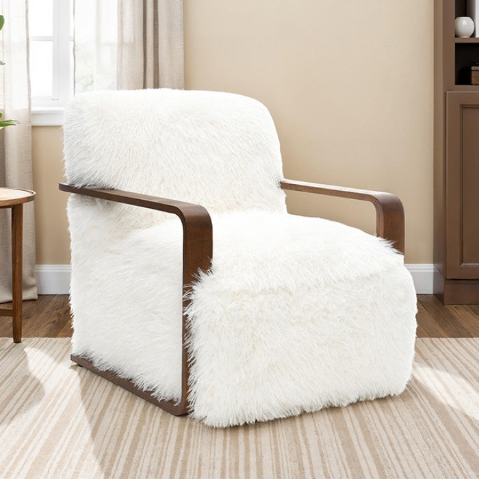 FM-AC6006WH Elardo white furry fabric yeti accent chair dark walnut exposed wood arms