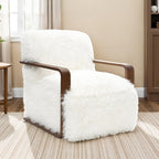 FM-AC6006WH Elardo white furry fabric yeti accent chair dark walnut exposed wood arms