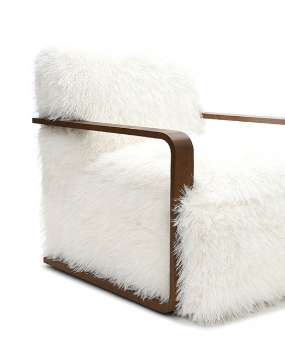 FM-AC6006WH Elardo white furry fabric yeti accent chair dark walnut exposed wood arms
