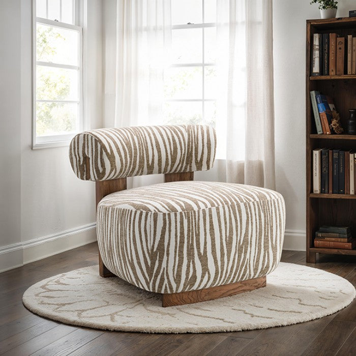 FM-AC6007BG Niobe beige zebra print chenille fabric accent chair dark walnut exposed wood accents
