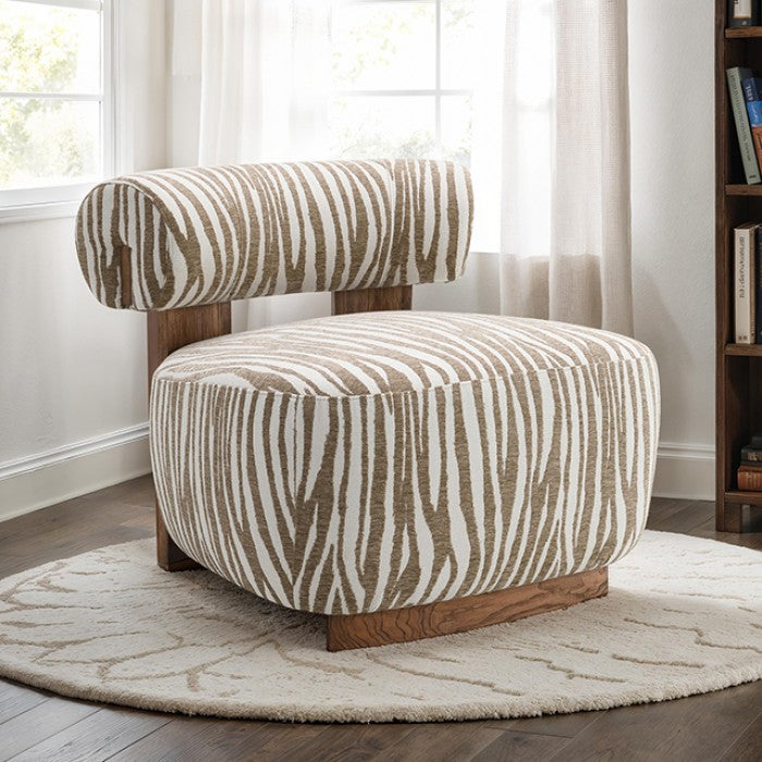 FM-AC6007BG Niobe beige zebra print chenille fabric accent chair dark walnut exposed wood accents