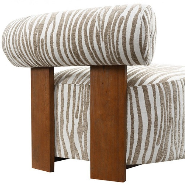 FM-AC6007BG Niobe beige zebra print chenille fabric accent chair dark walnut exposed wood accents
