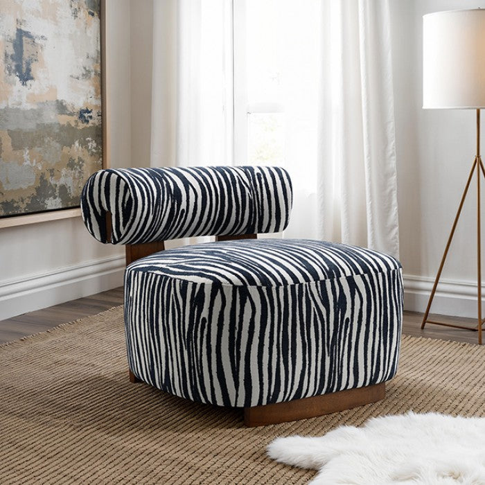 FM-AC6007BL Niobe midnight blue zebra print chenille fabric accent chair dark walnut exposed wood accents