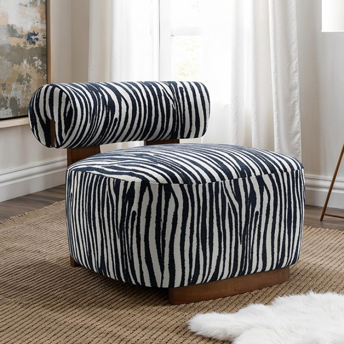 FM-AC6007BL Niobe midnight blue zebra print chenille fabric accent chair dark walnut exposed wood accents