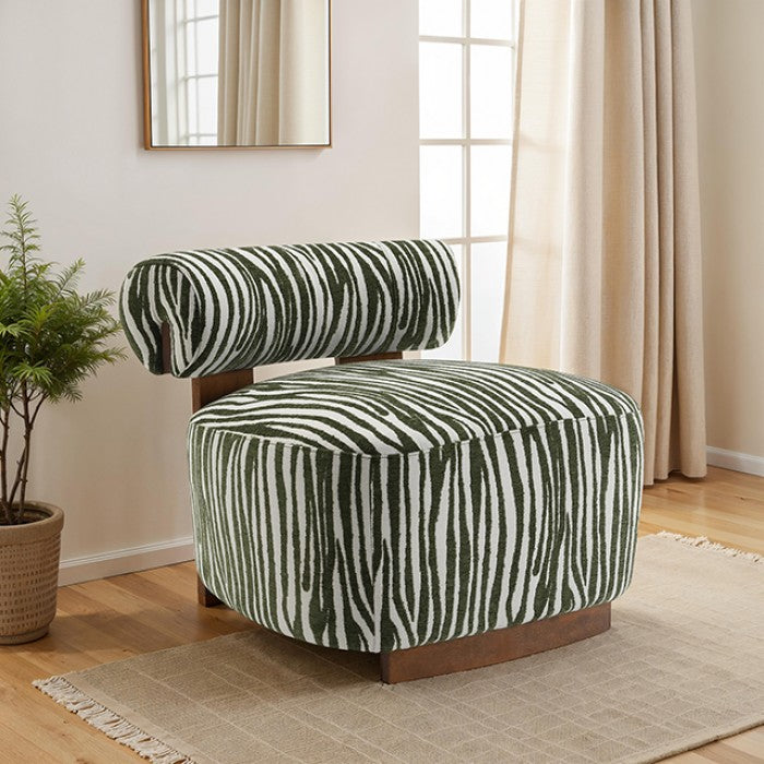 FM-AC6007GR Niobe green zebra print chenille fabric accent chair dark walnut exposed wood accents