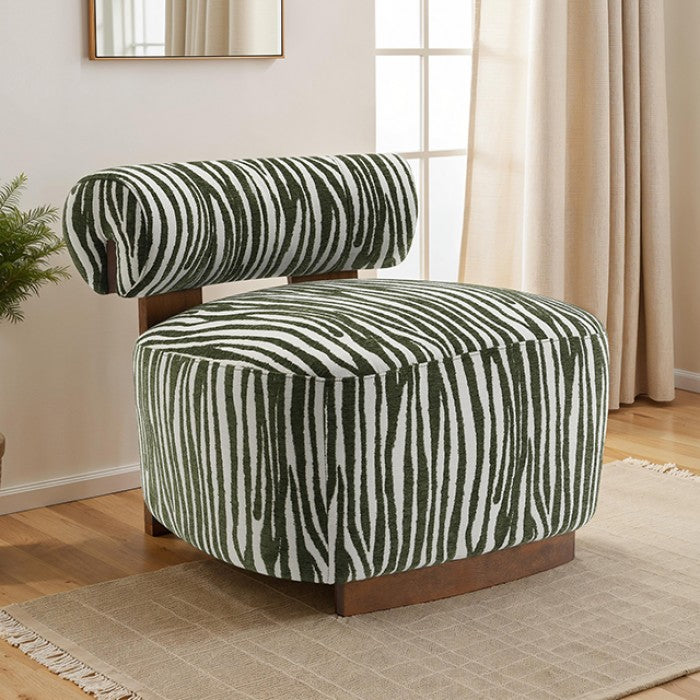 FM-AC6007GR Niobe green zebra print chenille fabric accent chair dark walnut exposed wood accents