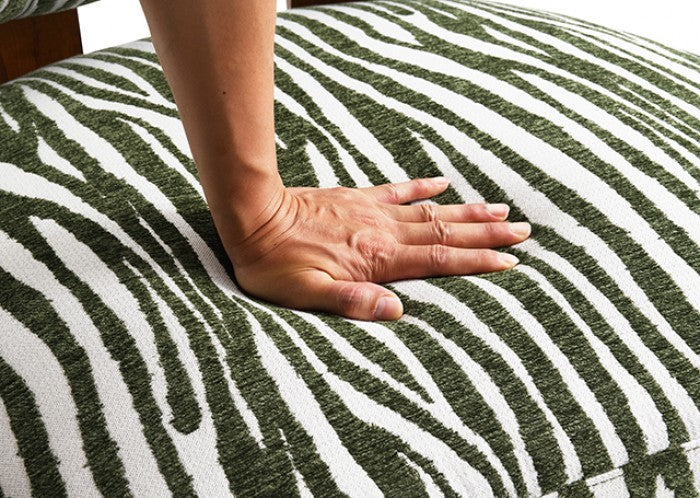 FM-AC6007GR Niobe green zebra print chenille fabric accent chair dark walnut exposed wood accents