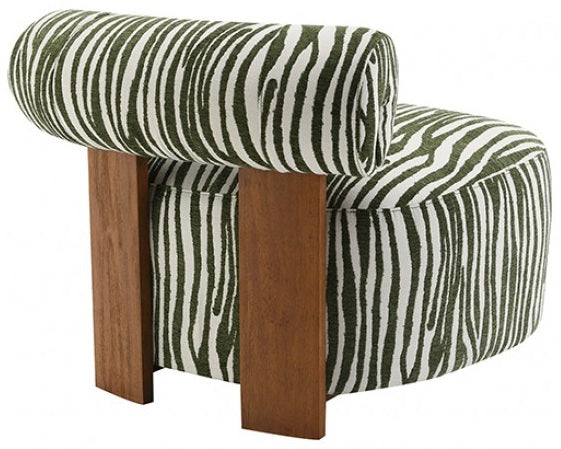 FM-AC6007GR Niobe green zebra print chenille fabric accent chair dark walnut exposed wood accents