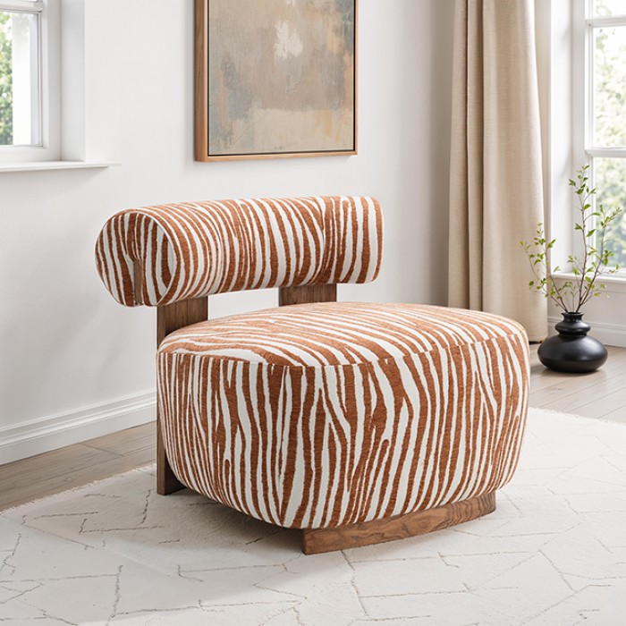 FM-AC6007OR Niobe orange zebra print chenille fabric accent chair dark walnut exposed wood accents