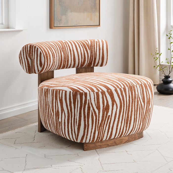FM-AC6007OR Niobe orange zebra print chenille fabric accent chair dark walnut exposed wood accents