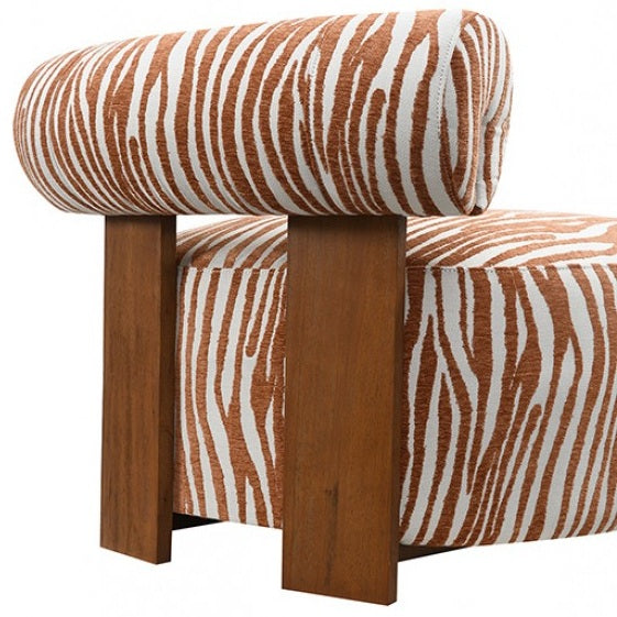 FM-AC6007OR Niobe orange zebra print chenille fabric accent chair dark walnut exposed wood accents