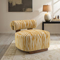 FM-AC6007YL Niobe yellow zebra print chenille fabric accent chair dark walnut exposed wood accents