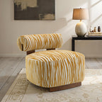 FM-AC6007YL Niobe yellow zebra print chenille fabric accent chair dark walnut exposed wood accents
