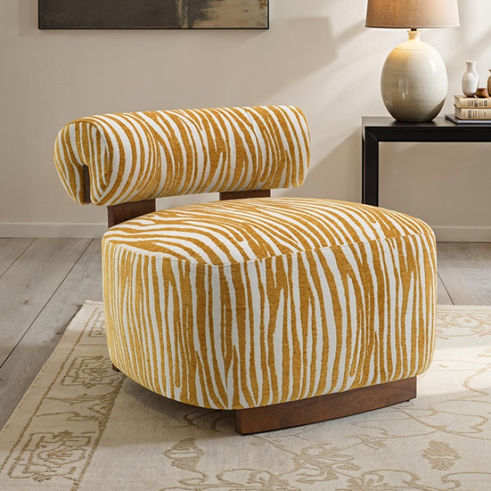 FM-AC6007YL Niobe yellow zebra print chenille fabric accent chair dark walnut exposed wood accents