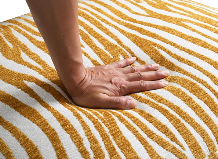 FM-AC6007YL Niobe yellow zebra print chenille fabric accent chair dark walnut exposed wood accents