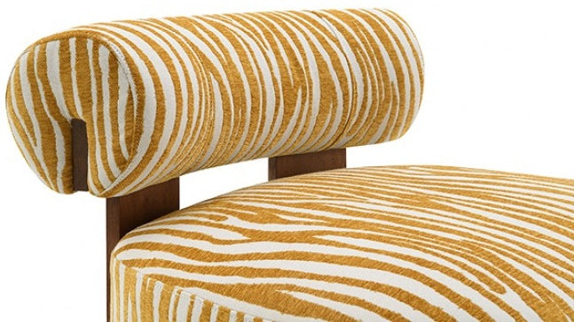 FM-AC6007YL Niobe yellow zebra print chenille fabric accent chair dark walnut exposed wood accents