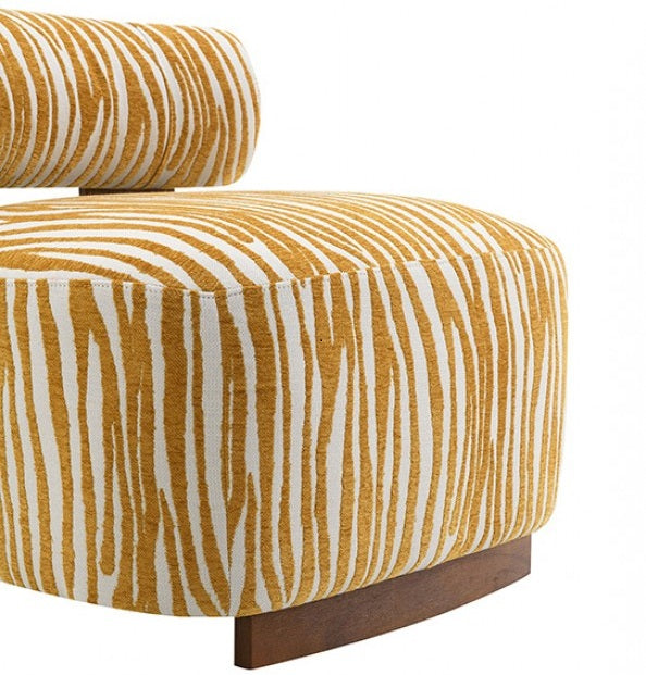 FM-AC6007YL Niobe yellow zebra print chenille fabric accent chair dark walnut exposed wood accents