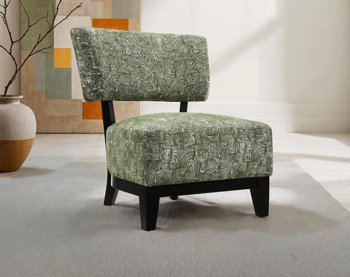 FM-AC6008GR Aveni green subtle abstract textured fabric accent chair black exposed wood accents and legs