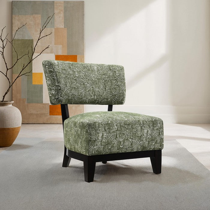 FM-AC6008GR Aveni green subtle abstract textured fabric accent chair black exposed wood accents and legs