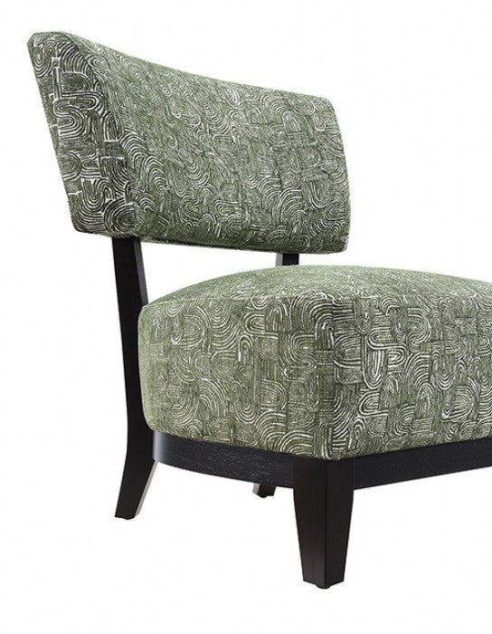 FM-AC6008GR Aveni green subtle abstract textured fabric accent chair black exposed wood accents and legs