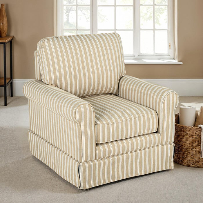 FM-AC6011-BR Peggy light brown and beige striped rolled arm accent chair skirted base