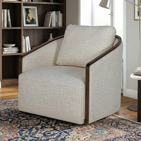 FM-AC6014LB-SW Zebina khaki woven fabric gentle barrel back swivel accent chair with espresso wood trim
