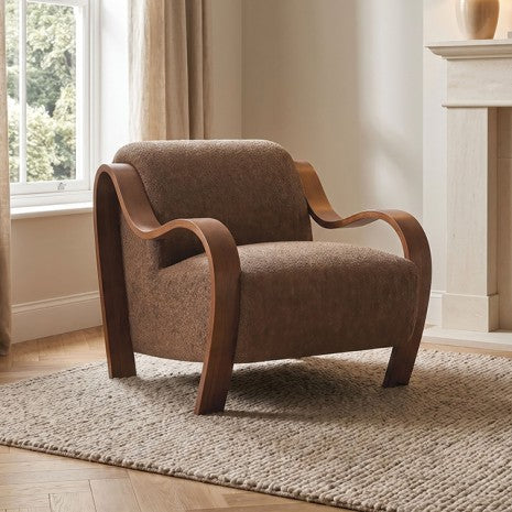 Niari Egret Caramel Brown Chenille Mid-Century Modern Accent Chair with Walnut Frame – FM-AC6714EMBR-CH