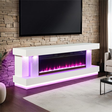 FM-AC8009WH-TV Peseux 71" wide white finish wood TV stand LED fireplace with heater