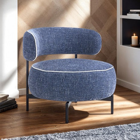 FM-AC8015BL Florens dark blue fabric swivel accent chair with metal frame and curved backrest
