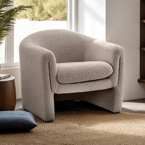 FM-AC8016LB Bedale mushroom boucle fabric curved arms accent chair with rounded back rest