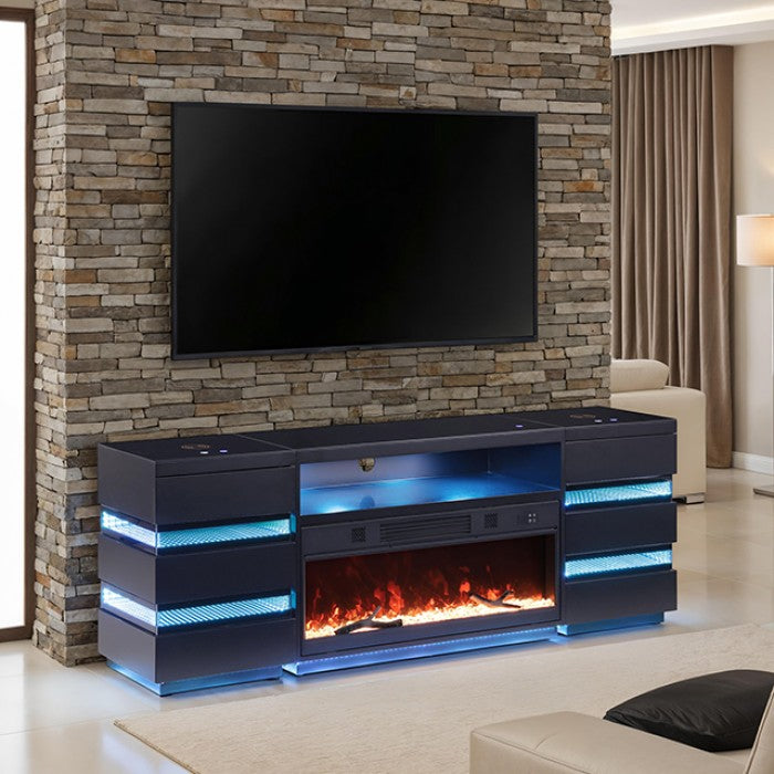 FM-AC8024BK-TV-SET Terni black high gloss finish wood LED Fireplace TV stand with wireless charging