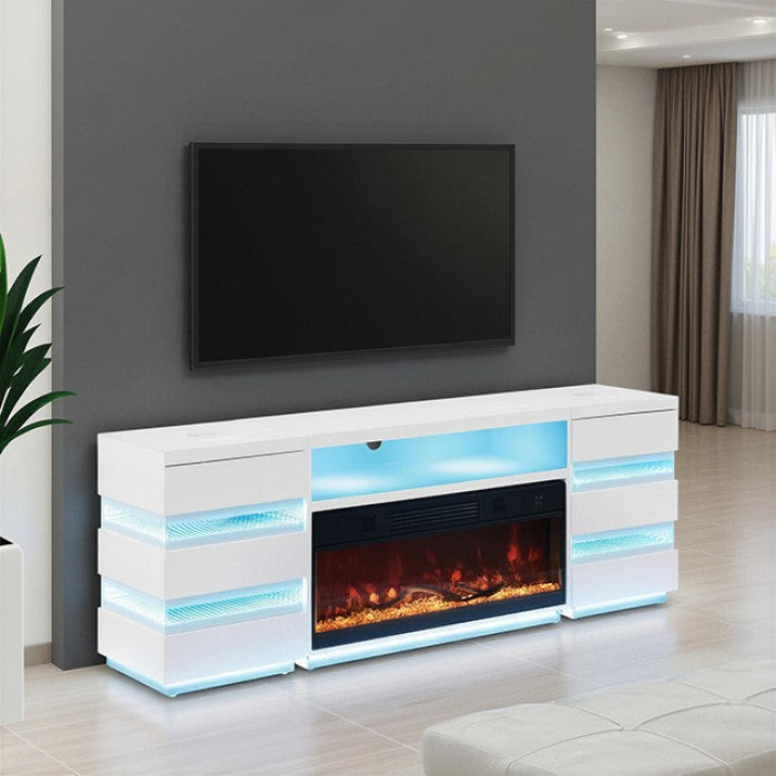 FM-AC8024WH-TV-SET Terni white high gloss finish wood LED Fireplace TV stand with wireless charging