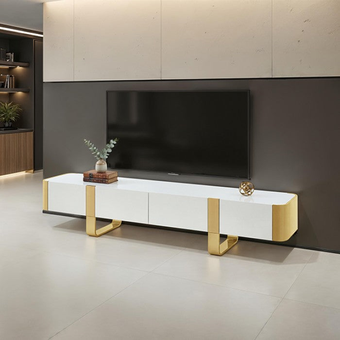 FM-AC8027GD-TV Larvik white wood finish with gold metal accents 79" wide modern TV stand entertainment center