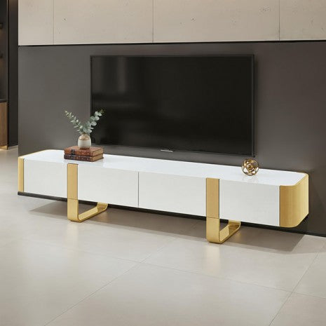 FM-AC8027GD-TV Larvik white wood finish with gold metal accents 79" wide modern TV stand entertainment center