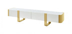 FM-AC8027GD-TV Larvik white wood finish with gold metal accents 79" wide modern TV stand entertainment center