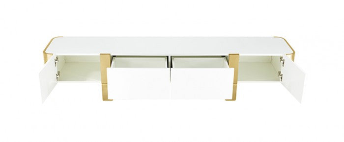FM-AC8027GD-TV Larvik white wood finish with gold metal accents 79" wide modern TV stand entertainment center