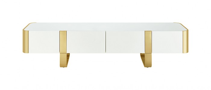 FM-AC8027GD-TV Larvik white wood finish with gold metal accents 79" wide modern TV stand entertainment center