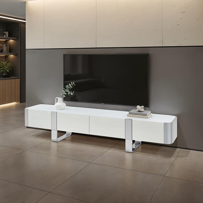 FM-AC8027SV-TV Larvik white wood finish with silver metal accents 79" wide modern TV stand entertainment center